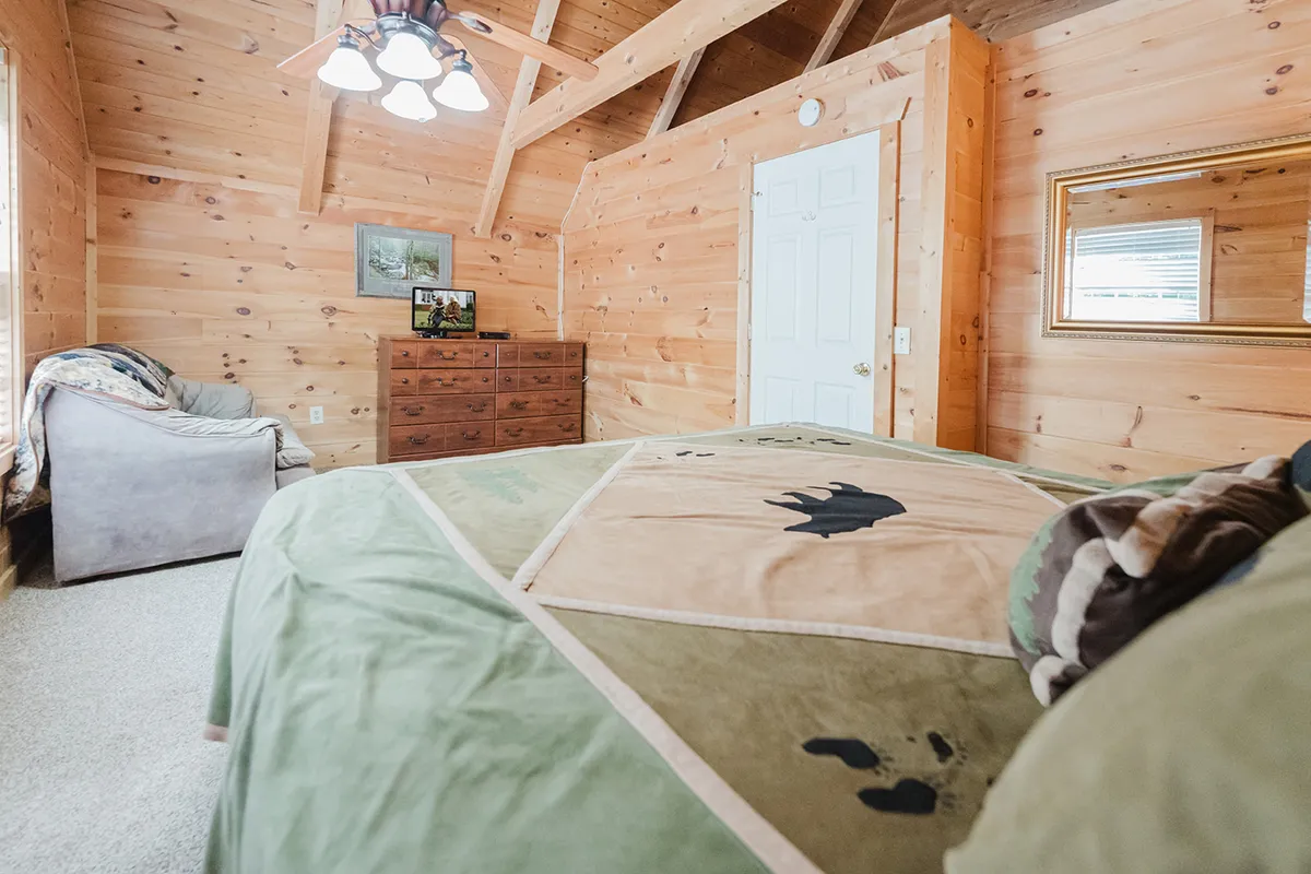 An inviting bedroom with a patterned comforter on the bed, a wooden dresser, a soft armchair, and a framed picture on the wall, with gentle natural light creating a warm, peaceful ambiance.