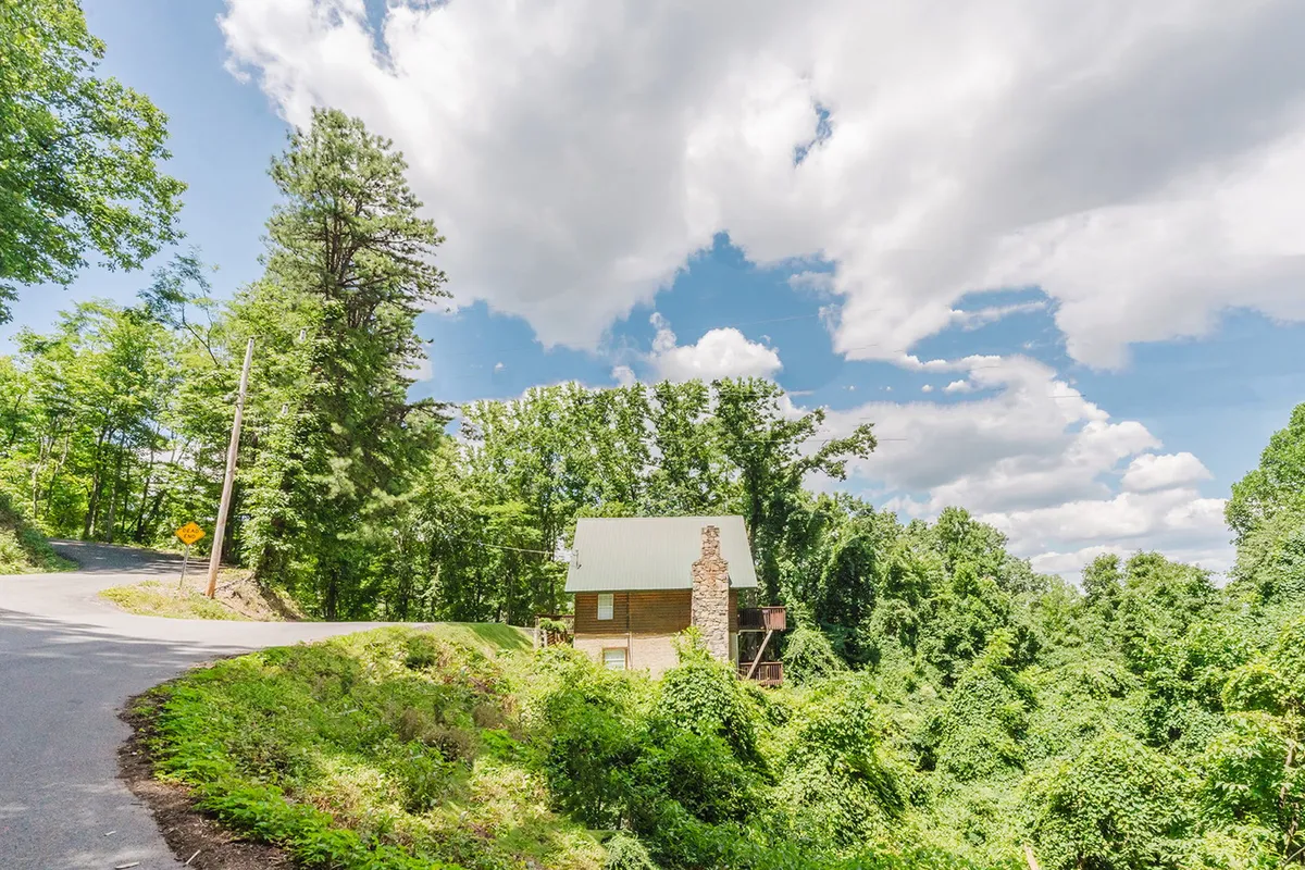 A wide exterior view of the cabin nestled among tall trees with a winding road leading into the forested landscape. The natural surroundings showcase opportunities for hiking, nature walks, and easy access to nearby attractions, emphasizing the cabin's integration with the local environment.
